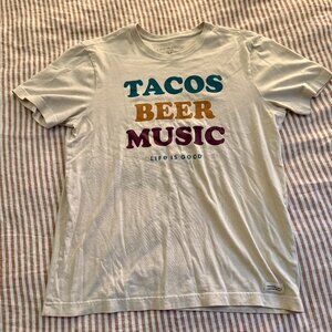 Life is Good Tacos Beer Music Beige Short Sleeve T-Shirt, Size Medium Unisex